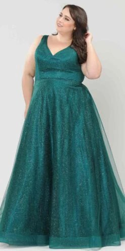 Lindas W1024 Glitter Full Length V-Neck Plus Size Dress(Lindas W1024 Glitter Full Length V Neck Plus Size Dress) -Discount Dress Shops W1024Emerald18W 2