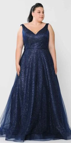 Lindas W1024 Glitter Full Length V-Neck Plus Size Dress(Lindas W1024 Glitter Full Length V Neck Plus Size Dress) -Discount Dress Shops W1024NAVY 3