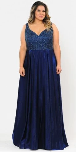 Lindas W1066 Floor Length V-Neck Jewel Detail V-Back Pocket Plus Size Dress(Lindas W1066 Floor Length V Neck Jewel Detail V Back Pocket Plus Size Dress) -Discount Dress Shops W1066 NAVYFRONT
