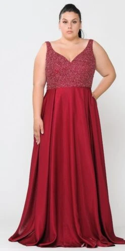 Lindas W1066 Floor Length V-Neck Jewel Detail V-Back Pocket Plus Size Dress(Lindas W1066 Floor Length V Neck Jewel Detail V Back Pocket Plus Size Dress) -Discount Dress Shops W1066 REDFRONT