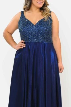 Lindas W1066 Floor Length V-Neck Jewel Detail V-Back Pocket Plus Size Dress(Lindas W1066 Floor Length V Neck Jewel Detail V Back Pocket Plus Size Dress) -Discount Dress Shops W1066Navy 1 closeup