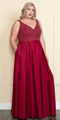 Lindas W1066 Floor Length V-Neck Jewel Detail V-Back Pocket Plus Size Dress(Lindas W1066 Floor Length V Neck Jewel Detail V Back Pocket Plus Size Dress) -Discount Dress Shops W1066Red 15 1