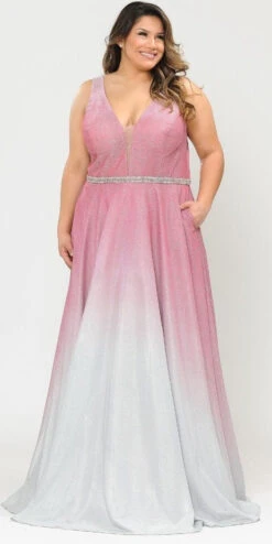 Lindas W1100 V-Neck Ombre Glitter Plus Size Dress With Rhinestone Waist(Lindas W1100 V Neck Ombre Glitter Plus Size Dress With Rhinestone Waist)