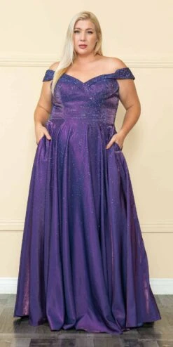 Lindas W1112 Off The Shoulder Two Tone Shimmer Dress With Rhinestones Bodice And Pockets(Lindas W1112 Off The Shoulder Two Tone Shimmer Dress With Rhinestones Bodice And Pockets) -Discount Dress Shops W1112Purple 2
