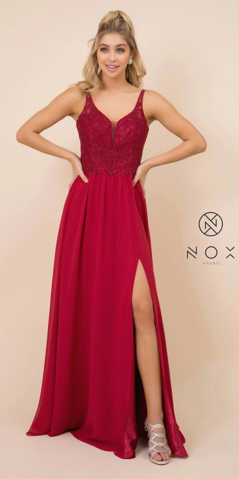 Nox Anabel Y299 A-Line Long Dress With Slit Beaded Bodice(A Line Long Formal Dress With Slit Beaded Bodice Burgundy) 5 Nox Anabel Y299 A-Line Long Dress With Slit Beaded Bodice(A Line Long Formal Dress With Slit Beaded Bodice Burgundy) - Image 5