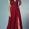 Nox Anabel Y299 A-Line Long Dress With Slit Beaded Bodice(A Line Long Formal Dress With Slit Beaded Bodice Burgundy)