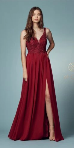 Nox Anabel Y299 A-Line Long Dress With Slit Beaded Bodice(A Line Long Formal Dress With Slit Beaded Bodice Burgundy)