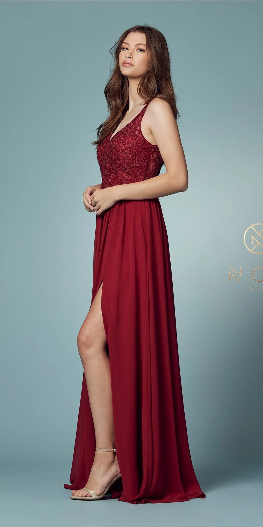 Nox Anabel Y299 A-Line Long Dress With Slit Beaded Bodice(A Line Long Formal Dress With Slit Beaded Bodice Burgundy) 2 Nox Anabel Y299 A-Line Long Dress With Slit Beaded Bodice(A Line Long Formal Dress With Slit Beaded Bodice Burgundy) - Image 2