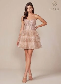 Nox Anabel Y863 Dress Short A-Line Sequin Strapless Tiered Skirt(Nox Anabel Y863 Dress Short A Line Sequin Strapless Tiered Skirt) -Discount Dress Shops Y863 nox anabel champagne