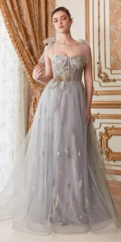 Andrea & Leo A0824 Star Of My Eye Embellished Long Dress(Gray Embellished Long Prom Dress With Spaghetti Straps)