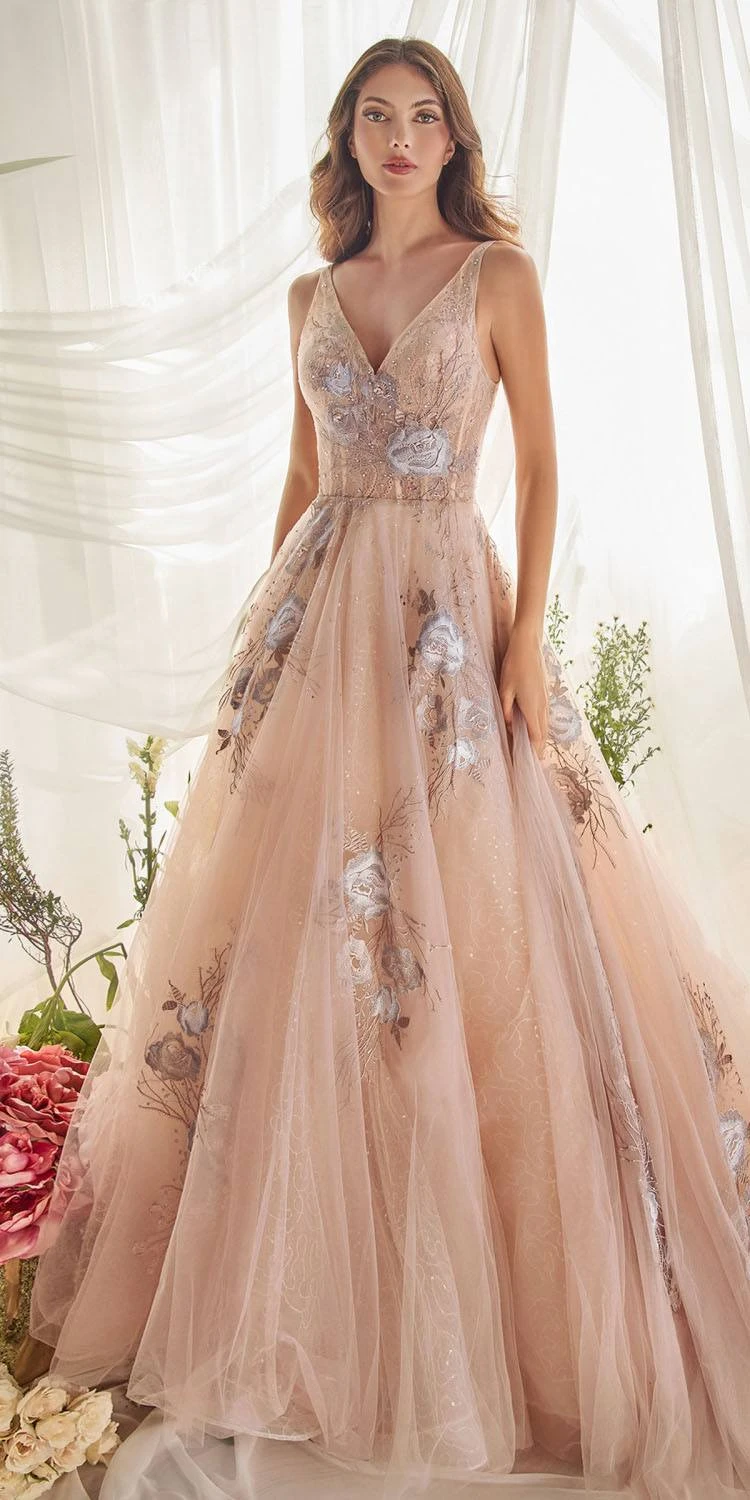 Andrea & Leo A0893 V-Neck Appliqued Lace Bodice Long Tulle Dress(Appliqued Lace Bodice Long Prom Dress Paris Blue) 4 Andrea & Leo A0893 V-Neck Appliqued Lace Bodice Long Tulle Dress(Appliqued Lace Bodice Long Prom Dress Paris Blue) - Image 4