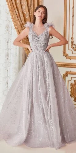 Cinderella Divine B704 Feathered Shoulder Tulle A-Line Ball Gown(Feathered Shoulder Tulle A Line Ball Gown By Cinderella Divine B704)