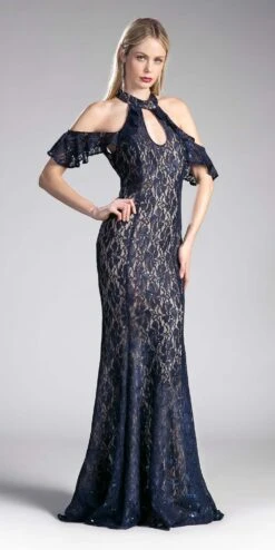 Cinderella Divine C0701 Ruffled Cold-Shoulder Long Dress(Black Ruffled Cold Shoulder Long Prom Dress)