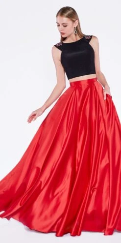 Cinderella Divine CA316 Off The Shoulder Two Piece A-Line Gown Floral Sleeve(Off The Shoulder Two Piece A Line Gown Black White Floral Sleeve) -Discount Dress Shops ca316 black red