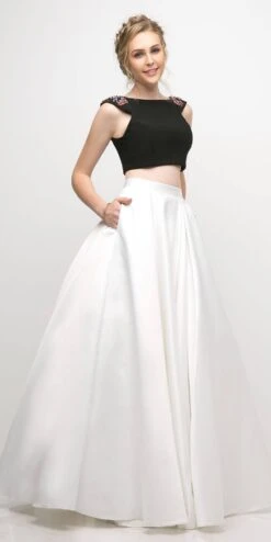 Cinderella Divine CA316 Off The Shoulder Two Piece A-Line Gown Floral Sleeve(Off The Shoulder Two Piece A Line Gown Black White Floral Sleeve)