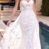 Cinderella Divine CB046W Strapless Gown Floral Applique Glitter Tulle Overskirt(Floor Length Strapless Fitted Gown Floral Applique And Glitter Tulle Overskirt Off White)