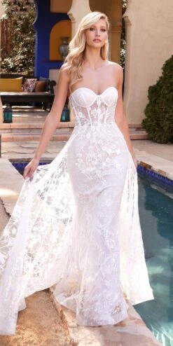 Cinderella Divine CB046W Strapless Gown Floral Applique Glitter Tulle Overskirt(Floor Length Strapless Fitted Gown Floral Applique And Glitter Tulle Overskirt Off White)