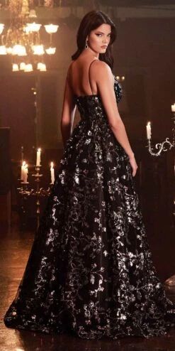 Cinderella Divine CB073 Floor Length Luminescent Floral Sequin Print Ball Gown(Floor Length Luminescent Floral Sequin Print Ball Gown By Cinderella Divine Cb073) -Discount Dress Shops cb073 black 1
