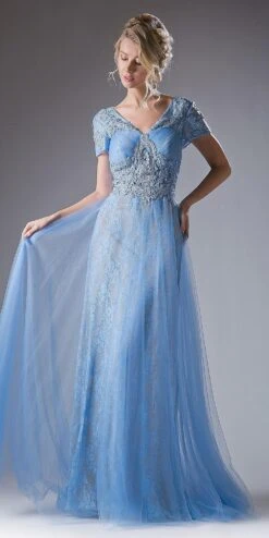 Cinderella Divine CD004 Long Dress Short Sleeves Appliqued Bodice Keyhole Back(Perry Blue Long Formal Dress Short Sleeves Appliqued Bodice Keyhole Back)