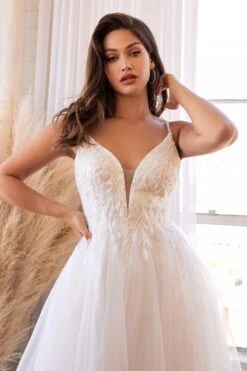Cinderella Divine CD0154W Long Layered Tulle Dress Beaded Applique Bodice(Long A Line Off White Layered Tulle Dress With Beaded Applique Bodice) -Discount Dress Shops cd0154w 2 12