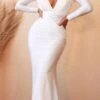 Cinderella Divine CD0169 Floor Length Fitted Stretch Satin Dress Long Sleeve(Floor Length Fitted Stretch Satin Off White Dress Long Sleeve)