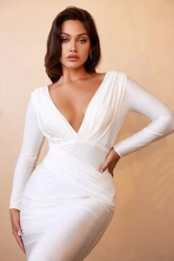 Cinderella Divine CD0169 Floor Length Fitted Stretch Satin Dress Long Sleeve(Floor Length Fitted Stretch Satin Off White Dress Long Sleeve) -Discount Dress Shops cd0169 2