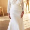 Cinderella Divine CD0169C Floor Length Fitted Stretch Satin Dress Long Sleeve(Plus Size Floor Length Fitted Stretch Satin Off White Dress Long Sleeve)