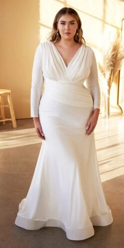 Cinderella Divine CD0169C Floor Length Fitted Stretch Satin Dress Long Sleeve(Plus Size Floor Length Fitted Stretch Satin Off White Dress Long Sleeve)