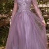 Cinderella Divine CD0172 A-Line Layered Tulle Gown Off The Shoulder Long Sleeve(Cinderella Divine Cd0172 A Line Layered Smokey Blue Tulle Gown Off The Shoulder Long Sleeve)