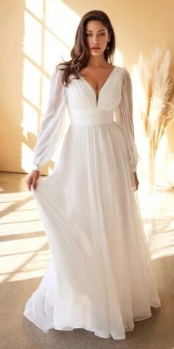 Cinderella Divine CD0192W Long Sleeve A-Line Chiffon Dress(Long Sleeve A Line Chiffon Dress By Cinderella Divine Cd0192w)