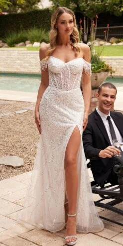 Ladivine CD0203W Long Off The Shoulder Sequin Wedding Gown With Slit(Ladivine Cd0203w Long Off The Shoulder Sequin Wedding Gown With Slit)
