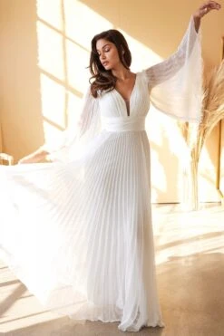 Cinderella Divine CD242W Pleated Chiffon Long Sleeve Gown(Pleated Chiffon Long Sleeve Gown By Cinderella Divine Cd242w) -Discount Dress Shops cd242w 1