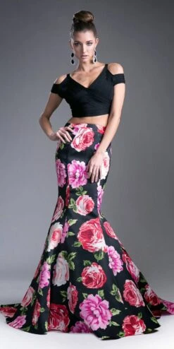 Cinderella Divine CD701L Long Printed Mermaid Skirt(Two Piece Prom Gown Lace White Top Printed Mermaid Skirt) -Discount Dress Shops cd701l with top3 1