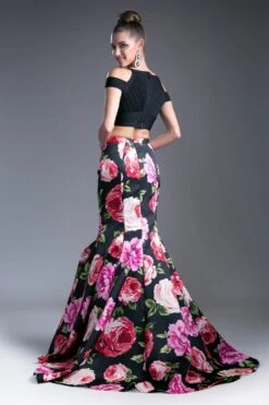 Cinderella Divine CD701L Long Printed Mermaid Skirt(Two Piece Prom Gown Lace White Top Printed Mermaid Skirt) -Discount Dress Shops cd701l with top3 2