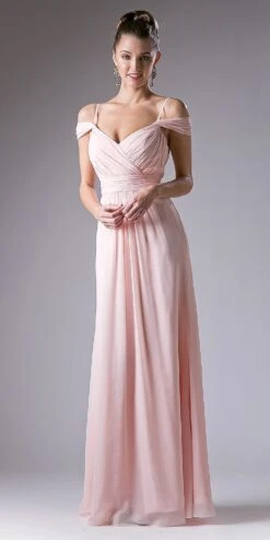 Cinderella Divine CH527 Cold Shoulder Pleated Bodice Long Dress V-Back(Champagne Cold Shoulder Pleated Bodice Long Formal Dress V Back)