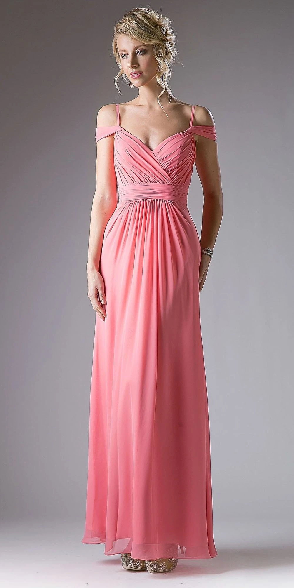 Cinderella Divine CH527 Cold Shoulder Pleated Bodice Long Dress V-Back(Champagne Cold Shoulder Pleated Bodice Long Formal Dress V Back) 2 Cinderella Divine CH527 Cold Shoulder Pleated Bodice Long Dress V-Back(Champagne Cold Shoulder Pleated Bodice Long Formal Dress V Back) - Image 2