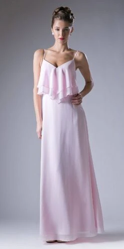 Cinderella Divine CH537 V-Neck Long Chiffon Dress Ruffled Bodice(Blush V Neck Spaghetti Strap Long Bridesmaids Dress Ruffled Bodice) -Discount Dress Shops ch537 blush