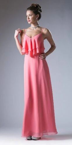 Cinderella Divine CH537 V-Neck Long Chiffon Dress Ruffled Bodice(Blush V Neck Spaghetti Strap Long Bridesmaids Dress Ruffled Bodice) -Discount Dress Shops ch537 coral