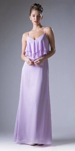 Cinderella Divine CH537 V-Neck Long Chiffon Dress Ruffled Bodice(Blush V Neck Spaghetti Strap Long Bridesmaids Dress Ruffled Bodice) -Discount Dress Shops ch537 lilac