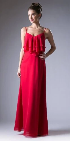 Cinderella Divine CH537 V-Neck Long Chiffon Dress Ruffled Bodice(Blush V Neck Spaghetti Strap Long Bridesmaids Dress Ruffled Bodice) -Discount Dress Shops ch537 red
