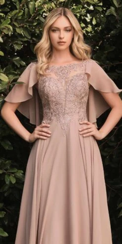 Cinderella Divine HT101 A-Line Chiffon Gown With Caplet(A Line Chiffon Gown With Caplet By Cinderella Divine Ht101) -Discount Dress Shops ht101 mocha 1