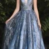 Cinderella Divine J812 Floral Embroidered Glitter A-Line Ball Gown(Floor Length Floral Embroidered Glitter Ball Gold Navy Blue Ball Gown)