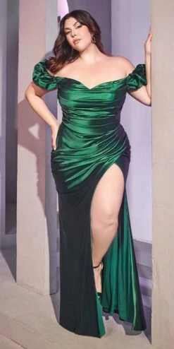 Cinderella Divine KV1056 Fitted Gathered Satin Gown(Fitted Gathered Satin Gown By Cinderella Divine Kv1056) -Discount Dress Shops kv1056c emerald