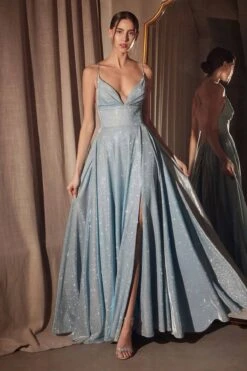 Ladivine Amoris T214 Sleeveless Spaghetti Strap A-Line Glitter Gown(Ladivine Amoris T214 Sleeveless Spaghetti Strap A Line Glitter Gown) -Discount Dress Shops t214 lt blue front