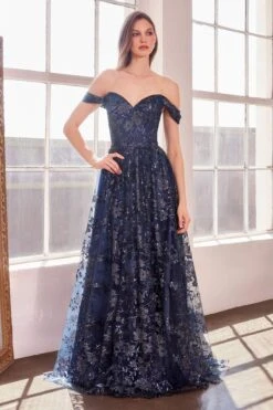 Ladivine Amoris T607 Glitter Print Off The Shoulder A-Line Prom Gown(Ladivine Amoris T607 Glitter Print Off The Shoulder A Line Prom Gown) -Discount Dress Shops t607 navy front
