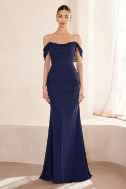 Ladivine Amoris T705 Off Shoulder Fitted Bridesmaid Gown(Ladivine Amoris T705 Off Shoulder Fitted Bridesmaid Gown) -Discount Dress Shops t705 navy front