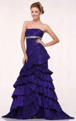 CLEARANCE - Cinderella Divine 1341 Pleated Body Beaded Layered Gown (Size M)(Purple Pleated Body Beaded Empire Waist Layered Full Length Formal Gown)