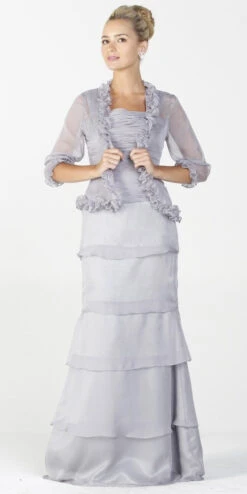 Poly USA | Ed Young 6484 Long Modest Formal Dress Ruffles Bolero Jacket(On Special Limited Stock Long Modest Formal Dress Gray Ruffles Bolero Jacket Layered Skirt)