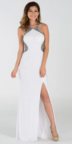 Poly USA | Ed Young 7360 Slit Fitted Dress Sexy Long Sheer Back(On Special Limited Stock Poly Usa 7360 Off White Slit Prom Dress Sexy Long Sheer Back)