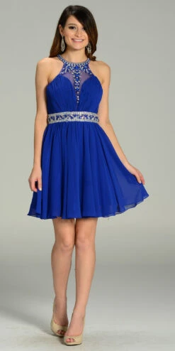 Poly USA | Ed Young 7236 Short Chiffon A Line Dress Beaded Halter Neck(Short Chiffon A Line Dress Red Beaded Halter Neck Sheer Back) -Discount Dress Shops yhst 94935736666794 2455 517865031 db8b1f71 dda3 4cf0 86f1 4f38b5790090